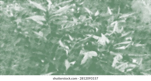 Abstract monochrome foliage rendered in a halftone dot pattern with a visible grid overlay. Moody, textured background combining organic leaf shapes and retro screen-print effects for artistic or design use.

