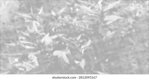 Abstract monochrome foliage rendered in a halftone dot pattern with a visible grid overlay. Moody, textured background combining organic leaf shapes and retro screen-print effects for artistic or design use.

