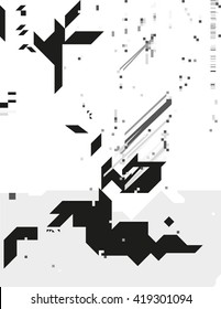 Abstract monochrome geometric composition. Contrast cybernetic backdrop with a sharp elements. Modern digital shapes. Background template for a poster, cover, annual report, invitation or postcard.
