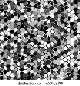 Abstract monochrome geometric distorted hexagon shapes ornament vector illustration. Stone plate seamless pattern. Black white gray gradient mosaic tracery texture background.