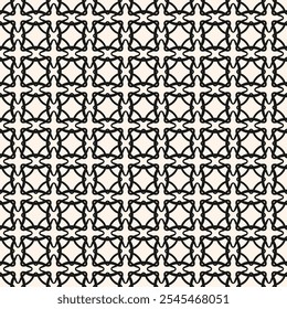 Abstract monochrome geometric seamless pattern. Vector ornamental background with curved lines, mesh, lattice, grid, net, squares, rhombuses. Black and white simple texture. Repeated modern design