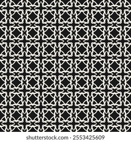Abstract monochrome geometric seamless pattern. Vector ornamental background with curved lines, mesh, lattice, grid, net, squares, rhombuses. Black and white simple texture. Repeatable geo design