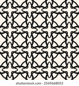 Abstract monochrome geometric seamless pattern. Vector ornamental background with curved lines, mesh, lattice, grid, net, squares, rhombuses. Black and white simple texture. Repeated elegant design