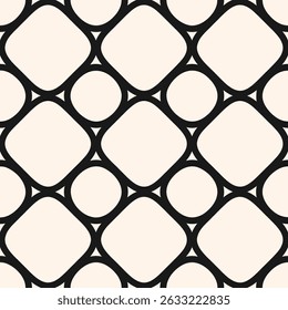 Abstract monochrome geometric seamless pattern with curved lines, circles, squares, lattice, grid. Simple minimal texture. Black and white background. Repeated vector design for decor, print, fabric