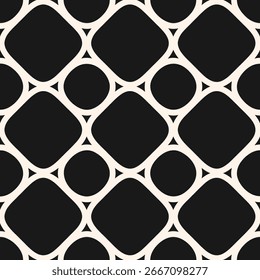 Abstract monochrome geometric seamless pattern with curved shapes, circles, squares, triangles, grid. Simple funky texture. Black and white background. Repeated vector design for decor, print, cover