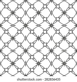 Abstract monochrome geometric seamless pattern. Circles, squares, stripes, lines. Repeating background texture. 