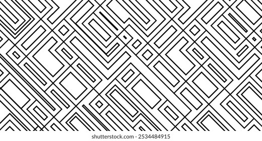 Abstract, monochrome, geometric template for web page, texture, map, poster, fabric, textile. Graphic repetitive black and white line design.