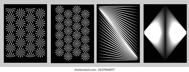Abstract Monochrome Geometric Vector Background Set Modern Black and White Poster Templates with Prism Shapes, Halftone Dots, Lines Ideal for Social Media, Banners, Ads, Covers, and Branding halftones