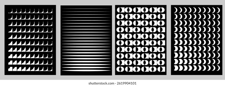 Abstract Monochrome Geometric Vector Background Set Modern Black and White Poster Templates with Prism Shapes, Halftone Dots, Lines Ideal for Social Media, Banners, Ads, Covers, and Branding halftones
