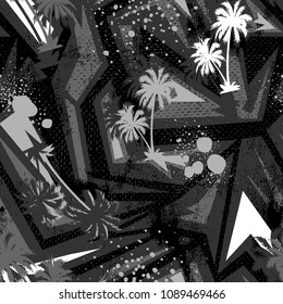 Abstract monochrome geometry seamless pattern with palm trees.