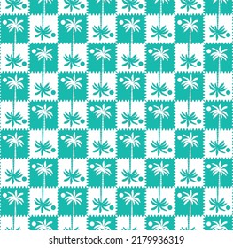 Abstract Monochrome Gingham Style Palm Tree Silhouettes Seamless Trendy Pattern Summer Concept Perfect for Allover Fabric Print or Wrapping Paper Tiffany Blue