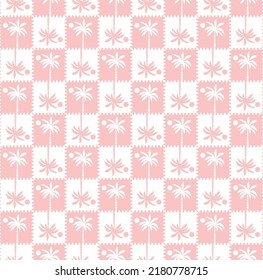 Abstract Monochrome Gingham Style Palm Tree Silhouettes Seamless Trendy Pattern Summer Concept Perfect for Allover Fabric Print or Wrapping Paper Pastel Pink