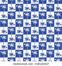 Abstract Monochrome Gingham Style Palm Tree Silhouettes Seamless Trendy Pattern Summer Concept Perfect for Allover Fabric Print or Wrapping Paper Royal Blue