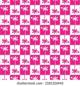 Abstract Monochrome Gingham Style Palm Tree Silhouettes Seamless Trendy Pattern Summer Concept Perfect for Allover Fabric Print or Wrapping Paper Fuchsia