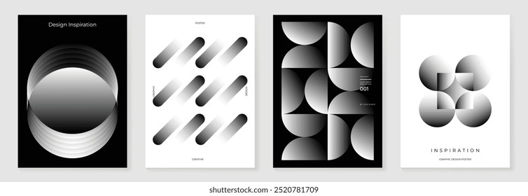 Abstract monochrome gradient poster background vector set. Modern cover template with black and white perspective geometric prism shapes. Ideal design for social media, banner, ads.