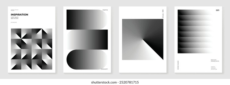 Abstract monochrome gradient poster background vector set. Modern cover template with black and white perspective geometric prism shapes. Ideal design for social media, banner, ads.