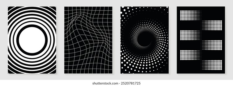 Abstract monochrome gradient poster background vector set. Modern cover template with black and white perspective geometric prism shape, halftone dot. Ideal design for social media, banner, ads.