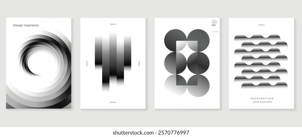 Abstract monochrome gradient poster background vector set. Modern cover template with black and white perspective geometric prism shapes. Ideal design for social media, banner, ads.