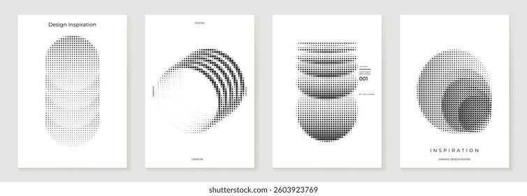 Abstract monochrome gradient poster background vector set. Modern cover template with black and white perspective geometric prism shape, halftone dot. Ideal design for social media, banner, ads.