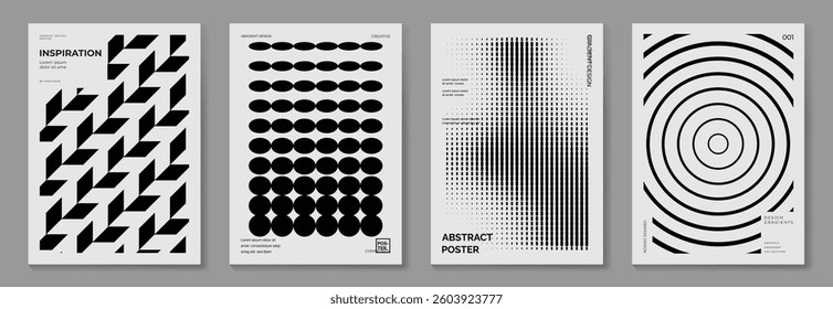 Abstract monochrome gradient poster background vector set. Modern cover template with black and white perspective geometric prism shape, halftone dot. Ideal design for social media, banner, ads.