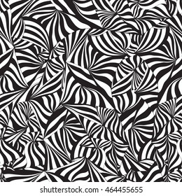Abstract monochrome graphic seamless pattern. Hand-drawn ornament of doodle waves and lines in black and white colors. Background in the style op art, optical illusion. For wallpaper, textiles design