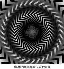 Abstract monochrome graphics with radiating, zigzag lines.