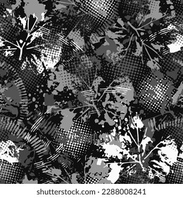 Abstract monochrome gray camouflage pattern with splattered paint, paint brush strokes, leaves, halftone shapes. Dense chaotic composition For apparel, fabric, textile, sport goods Grunge texture