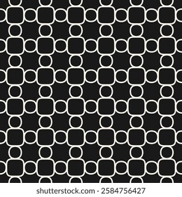 Abstract monochrome grid seamless pattern. Vector geometric texture with rounded shapes, circles, curved lines, mesh, lattice. Simple minimal ornament. Black and white background. Repeated dark design