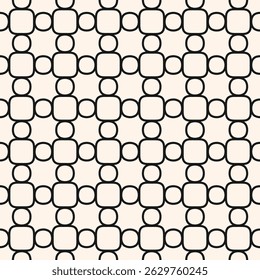 Abstract monochrome grid seamless pattern. Vector geometric texture with rounded shapes, circles, curved lines, mesh, lattice, net. Simple minimal ornament. Black and white background. Repeated design