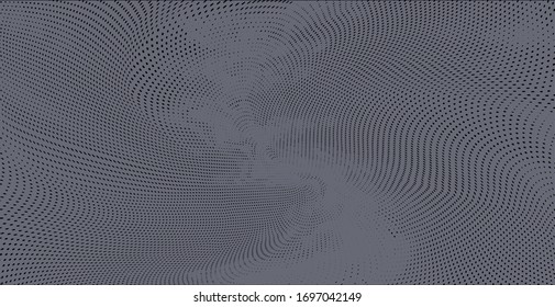 Abstract monochrome grunge dark halftone pattern. Half tone panoramic vector illustration with dots. Modern polka dot wide background for web design, leaflets, print