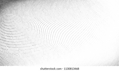 Abstract monochrome grunge halftone pattern. Soft dynamic lines. Panoramic vector illustration with dots. Modern polka dots background