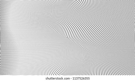 Abstract monochrome grunge halftone pattern. Soft dynamic lines. Panoramic vector illustration with dots. Modern polka dots background