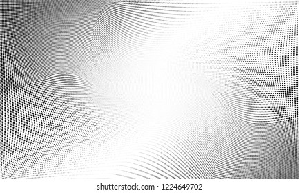 Abstract monochrome grunge halftone pattern. Soft dynamic lines. Half tone  vector illustration with dots. Modern black and white polka dots wide background for web design, brochures, leaflets, print