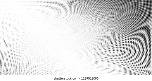 Abstract monochrome grunge halftone pattern. Soft dynamic lines. Half tone  vector illustration with dots. Modern black and white polka dots wide background for web design, brochures, leaflets, print