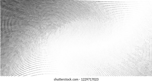 Abstract monochrome grunge halftone pattern. Soft dynamic lines. Half tone  vector illustration with dots. Modern black and white polka dots wide background for web design, brochures, leaflets, print
