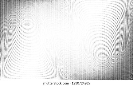 Abstract monochrome grunge halftone pattern. Soft dynamic lines. Half tone vector illustration with dots. Modern black and white polka dots wide background for web design, overlay effect, print