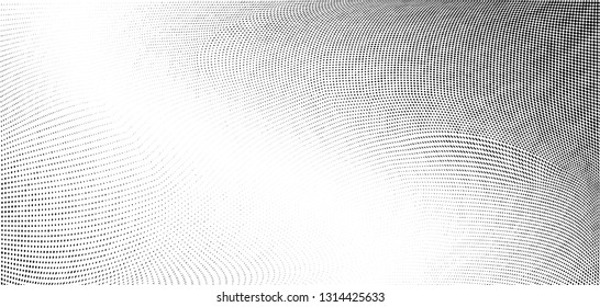 Abstract monochrome grunge halftone pattern. Soft dynamic lines. Half tone  vector illustration with dots. Modern black and white polka dots panoramic background for web banners, leaflets, print