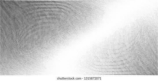 Abstract monochrome grunge halftone pattern. Soft dynamic lines. Half tone  vector illustration with dots. Modern black and white polka dots wide background for web design, brochures, leaflets, print