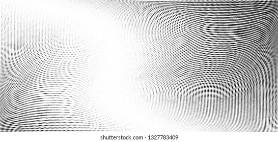 Abstract monochrome grunge halftone pattern. Soft dynamic lines. Half tone  vector illustration with dots. Modern black and white polka dots wide background for web design, brochures, leaflets, print