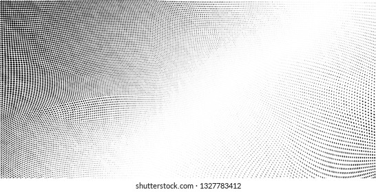 Abstract monochrome grunge halftone pattern. Soft dynamic lines. Half tone  vector illustration with dots. Modern black and white polka dots wide background for web design, brochures, leaflets, print