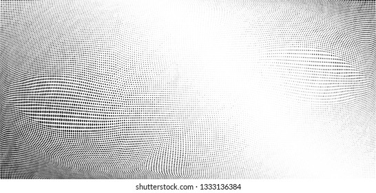 Abstract monochrome grunge halftone pattern. Soft dynamic lines. Half tone  vector illustration with dots. Modern black and white polka dots wide background for web design, brochures, leaflets, print