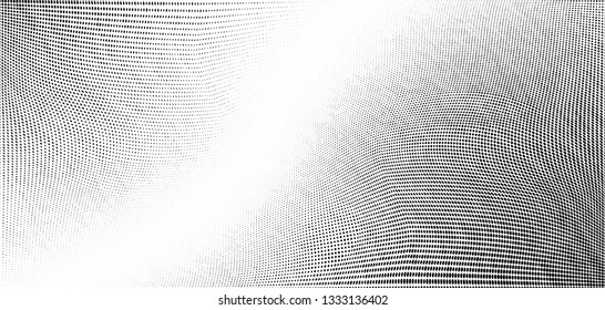 Abstract monochrome grunge halftone pattern. Soft dynamic lines. Half tone  vector illustration with dots. Modern black and white polka dots wide background for web design, brochures, leaflets, print