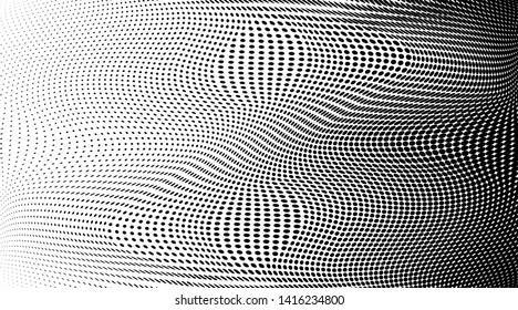 Abstract monochrome grunge halftone pattern. Soft dynamic lines. Half tone  vector illustration with dots. Modern black and white polka dots wide background for web design, brochures, leaflets, print