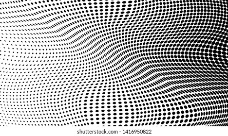 Abstract monochrome grunge halftone pattern. Soft dynamic lines. Half tone  panoramic vector illustration with dots. Modern black and white polka dots wide background for web design, leaflets, print