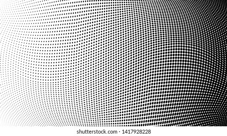 Abstract monochrome grunge halftone pattern. Soft dynamic lines. Half tone  panoramic vector illustration with dots. Modern black and white polka dots wide background for web design, leaflets, print