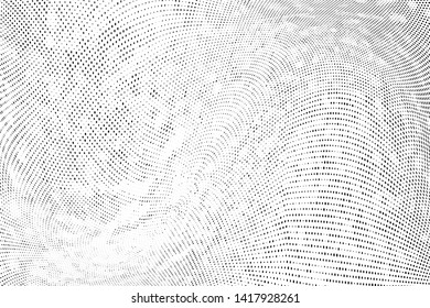 Abstract monochrome grunge halftone pattern. Soft dynamic lines. Half tone  vector illustration with dots. Modern black and white polka dots wide background for web design, brochures, leaflets, print
