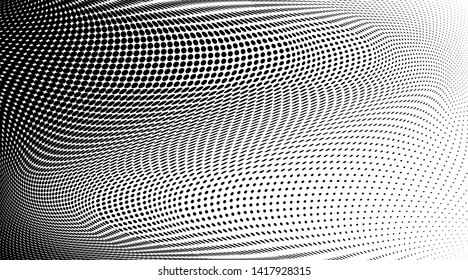 Abstract monochrome grunge halftone pattern. Soft dynamic lines. Half tone  panoramic vector illustration with dots. Modern black and white polka dots wide background for web design, leaflets, print