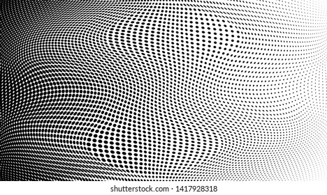 Abstract monochrome grunge halftone pattern. Soft dynamic lines. Half tone  panoramic vector illustration with dots. Modern black and white polka dots wide background for web design, leaflets, print