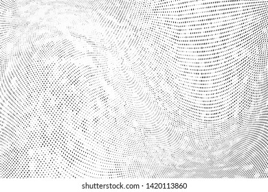 Abstract monochrome grunge halftone pattern. Soft dynamic lines. Half tone  vector illustration with dots. Modern black and white polka dots wide background for web design, brochures, leaflets, print