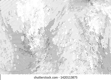 Abstract monochrome grunge halftone pattern. Soft dynamic lines. Half tone  vector illustration with dots. Modern black and white polka dots wide background for web design, brochures, leaflets, print